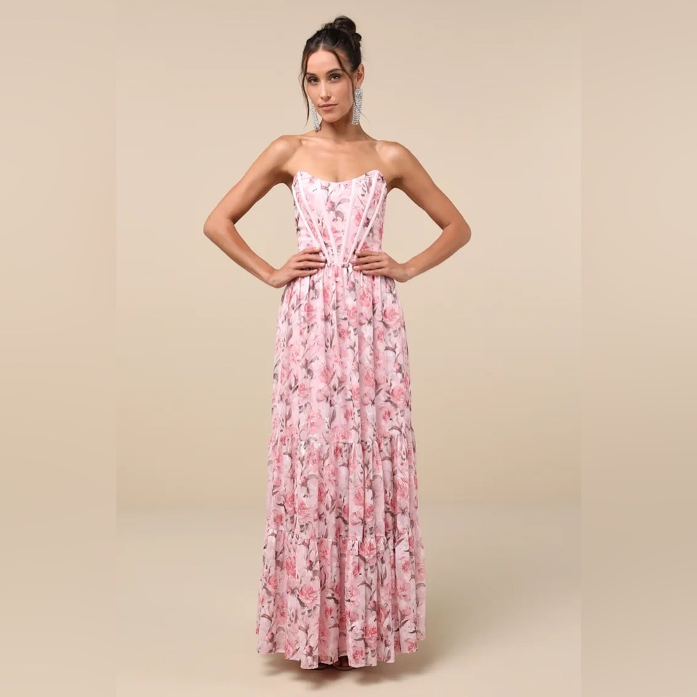 Lulus Special Moment Pink Floral Strapless Bustier Maxi Dress
